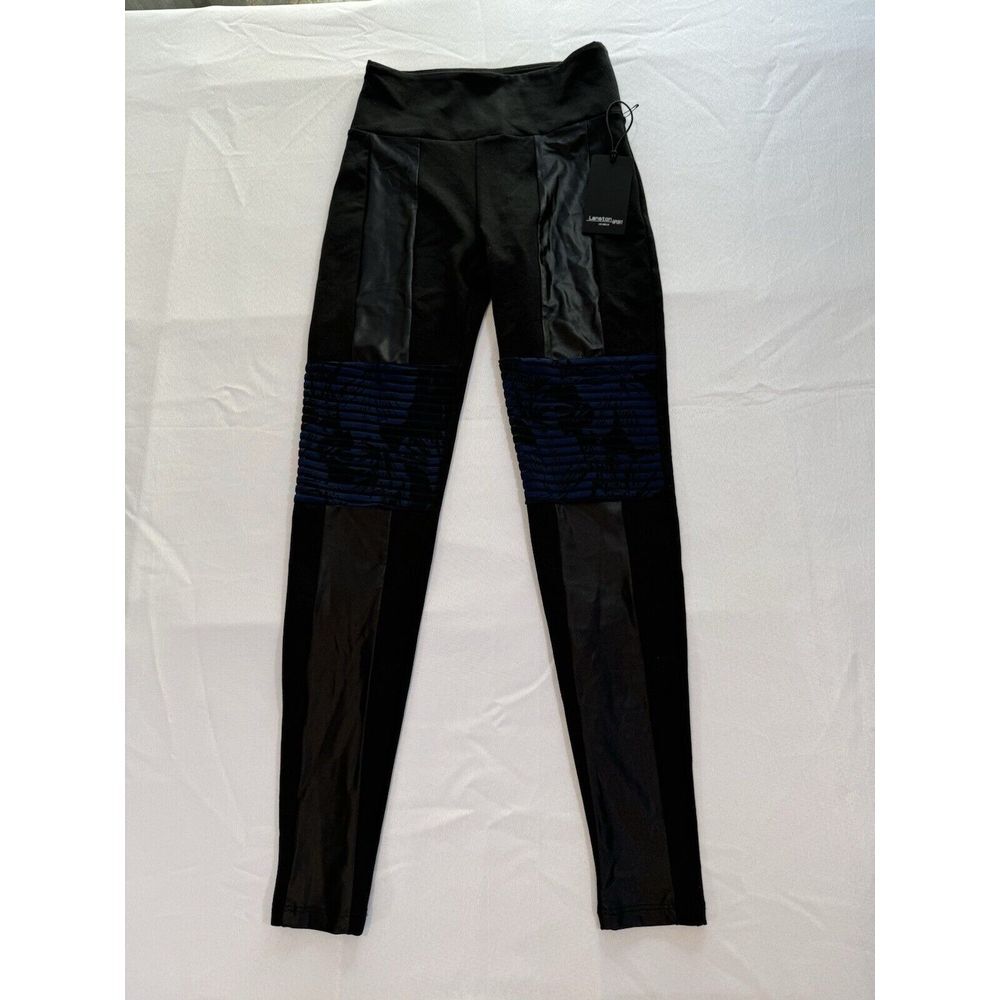 Lanston Sport Womens XS‎ Ezra Italian Leggings Black with Blue Block-Ribbed NEW